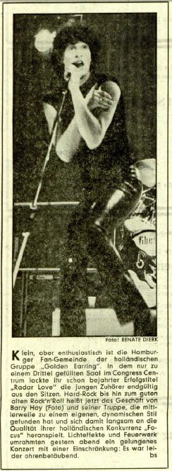 Golden Earring Hamburg (Germany) - Kongress Zentrum show review Hamburger Abendblatt March 05 1975